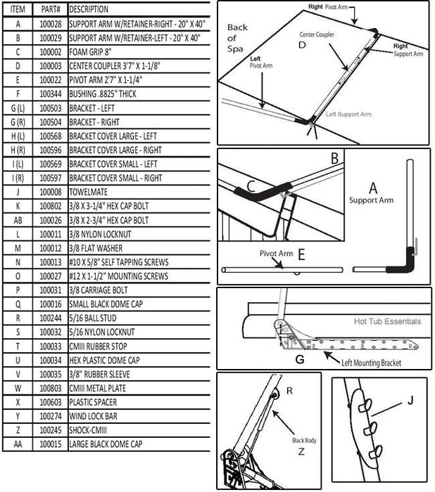 Hot Tub Parts - Leisure Concepts Cover Mate III Right Side Bracket (P/N: 100504)