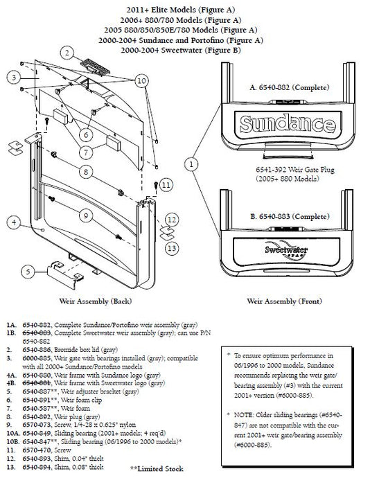 Hot Tub Parts - Weir: Complete Sundance/Portofino Assembly (P/N: 6540-882)